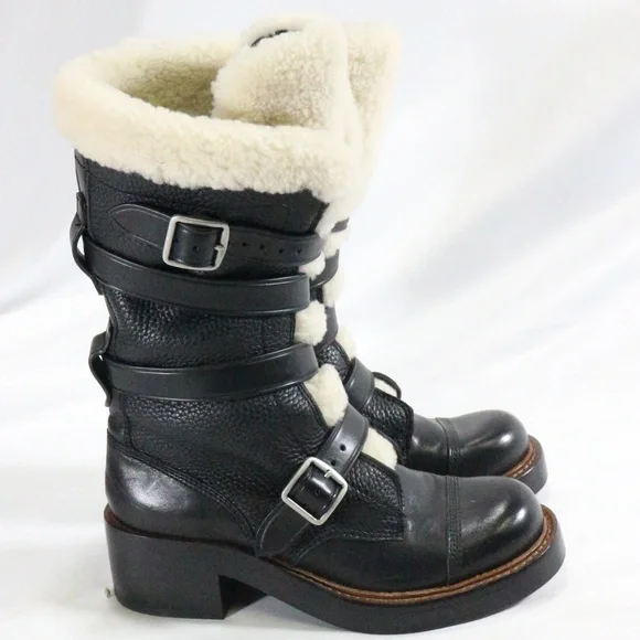 COACH Moto Shearling Pebbled Leather Buckle Boots NEW Sz 5 US Wmn - Picture 3 of 8